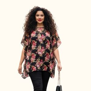 Torrid Plus Size 3X Sheer Rose Floral Overlay Tunic | High Low Hem